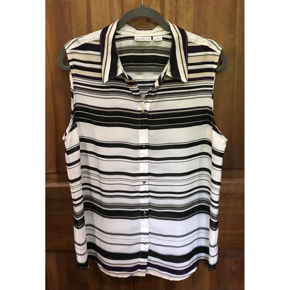 Liz Claiborne Womens XL Sleeveless Button Down Blouse Black White Striped Top
